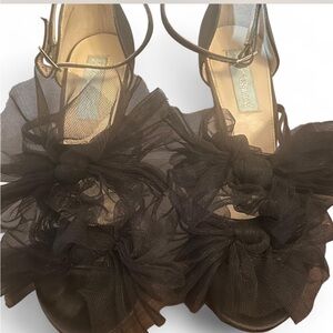 Vintage Y2K Betsey Johnson “Blue” black tulle mesh stiletto heels. 6.5